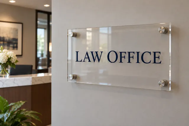 Illustration: clear acrylic LAW OFFICE sign on metal standoffs
