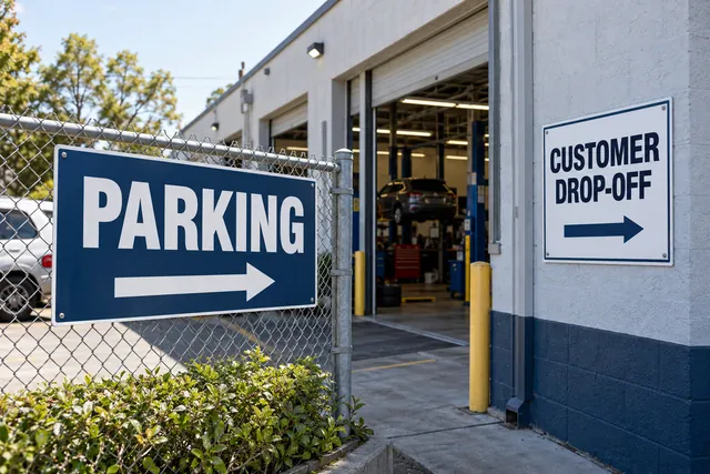 Illustration: blue PARKING arrow sign on a fence beside an auto shop