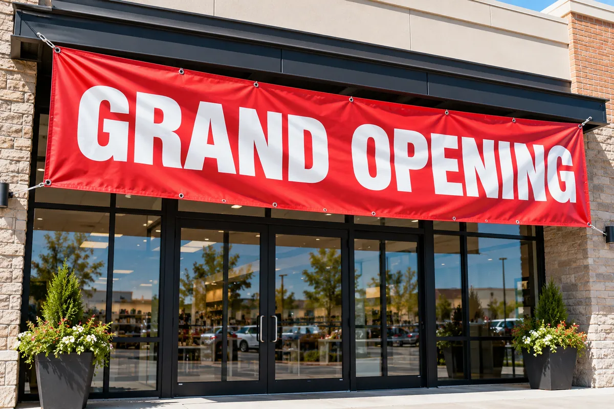 Illustration: a red GRAND OPENING banner above a restaurant's glass front