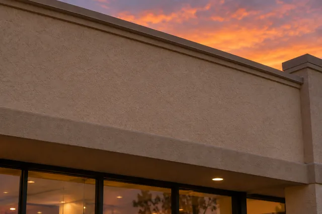 Illustration: a blank storefront fascia at sunset, before a sign goes up