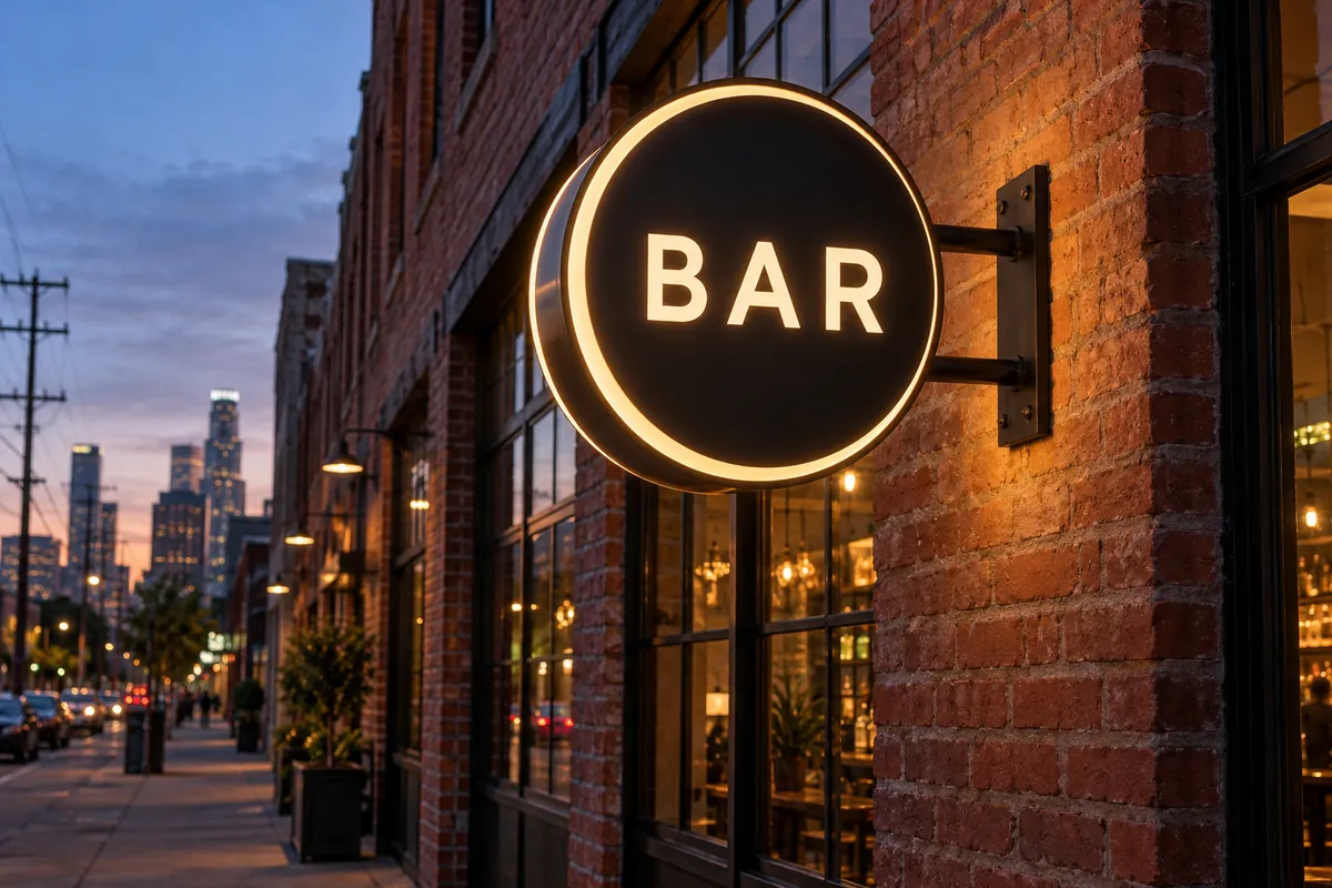 Illustration: round lit blade sign reading BAR on a brick wall