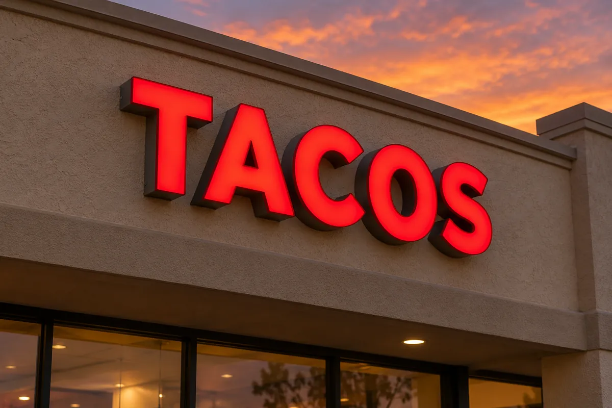 Illustration: the same fascia with red channel letters spelling TACOS