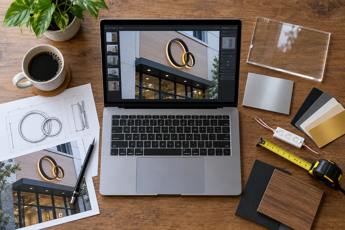 Illustration: a sign mockup on a storefront photo open on a laptop, with acrylic and metal samples on the desk