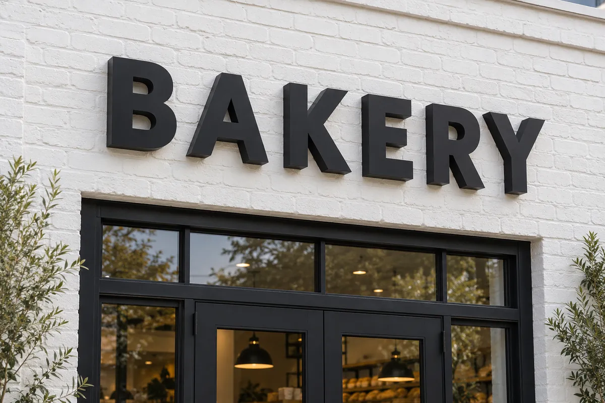 Illustration: black dimensional letters spelling BAKERY over a storefront entrance