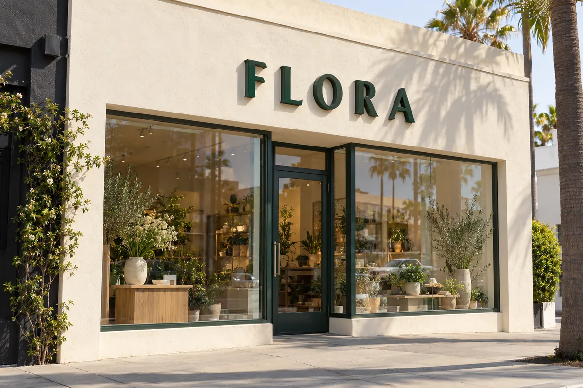 Illustration: painted green dimensional letters spelling FLORA on a flower shop's stucco fascia