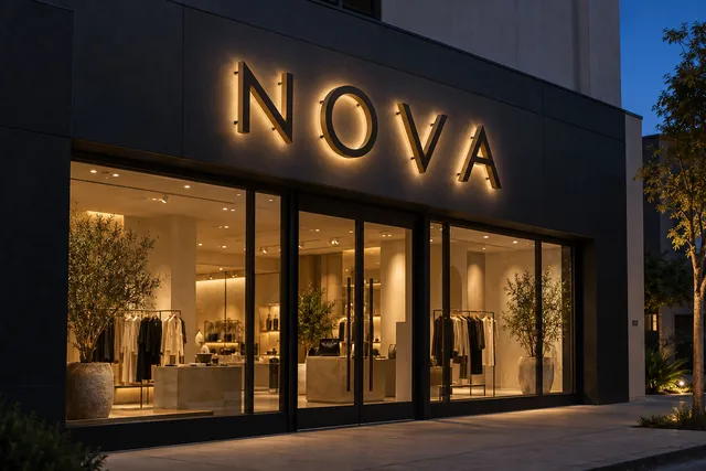 Illustration: halo-lit bronze letters spelling NOVA glowing on a dark storefront fascia at dusk