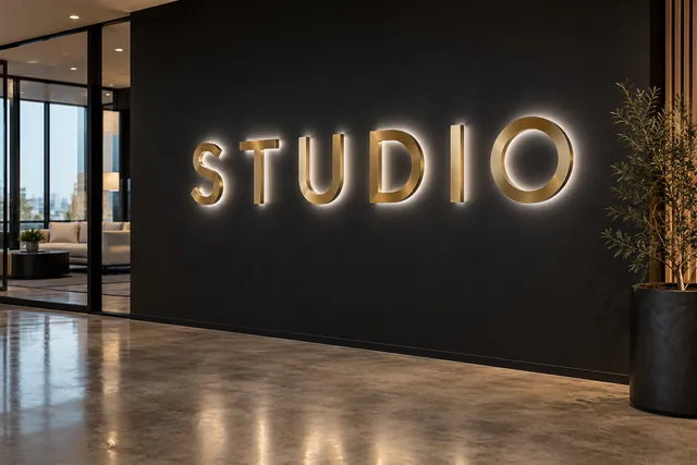Illustration: halo-lit letters spelling STUDIO glowing on a dark lobby wall
