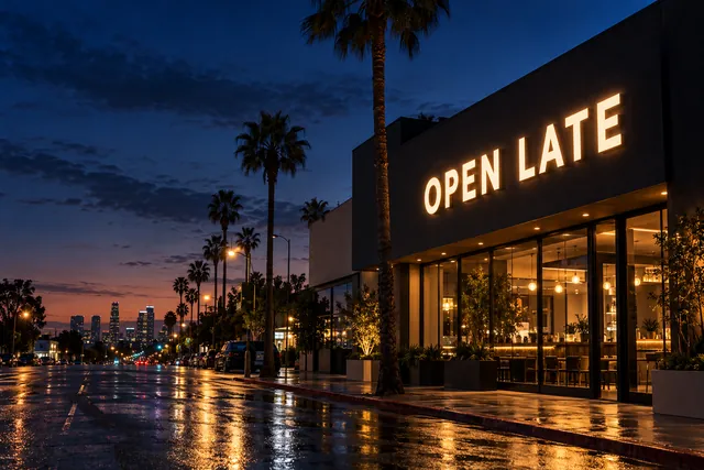 Illustration: lit channel letters spelling OPEN LATE on a storefront at dusk