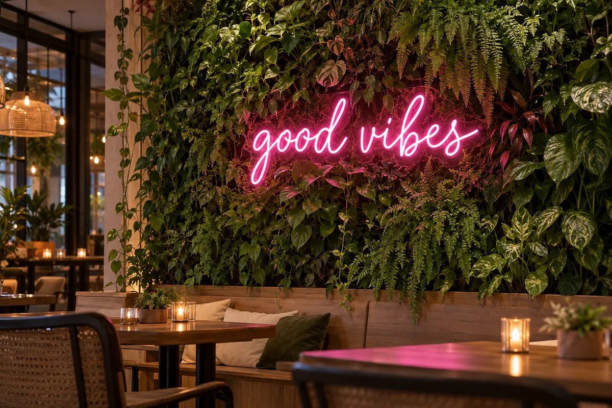 Illustration: pink LED neon script on a green plant wall in a cafe