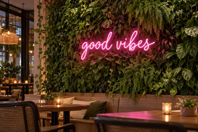 Illustration: pink LED neon script on a green plant wall in a cafe