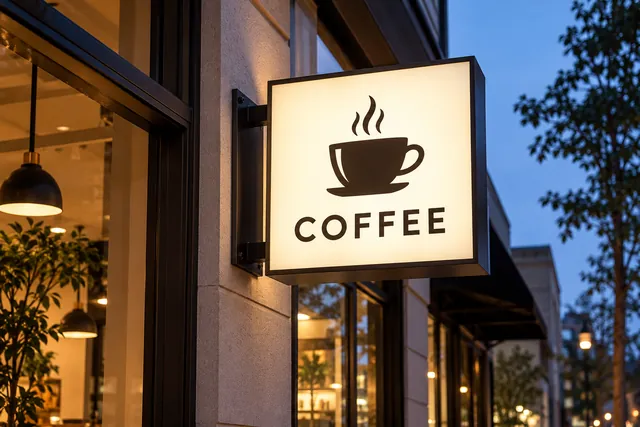 Illustration: lit lightbox sign with a coffee cup logo on a storefront