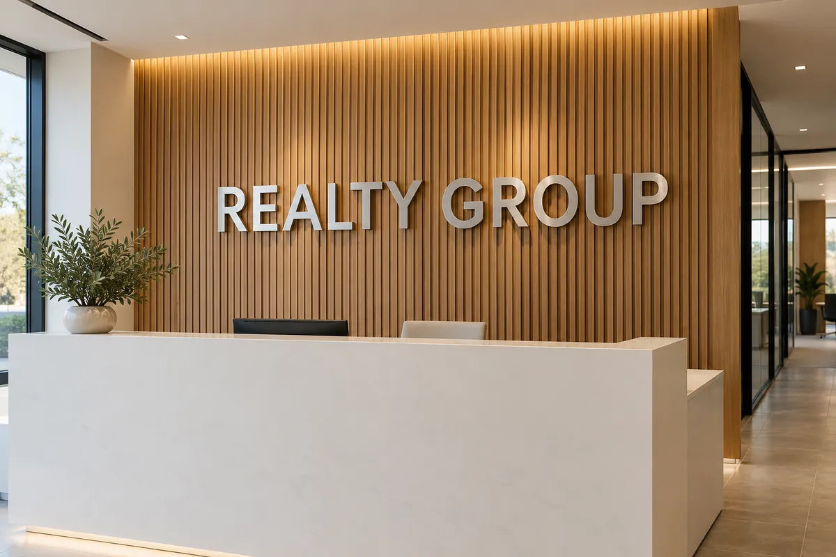 Illustration: brushed metal letters spelling REALTY GROUP on a wood slat wall behind a white reception desk