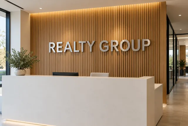 Illustration: dimensional letters on a wood slat wall behind a reception desk