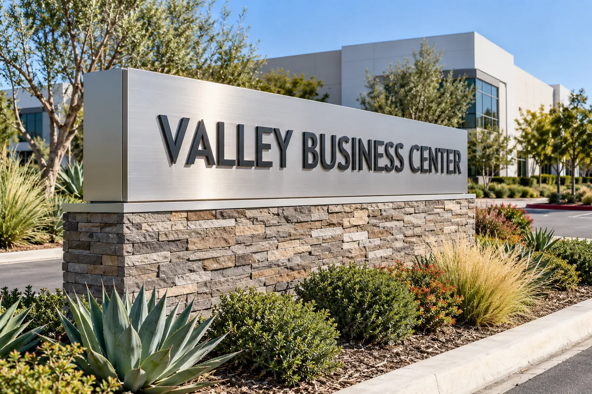 Illustration: stone and aluminum monument sign reading VALLEY BUSINESS CENTER at a property entrance