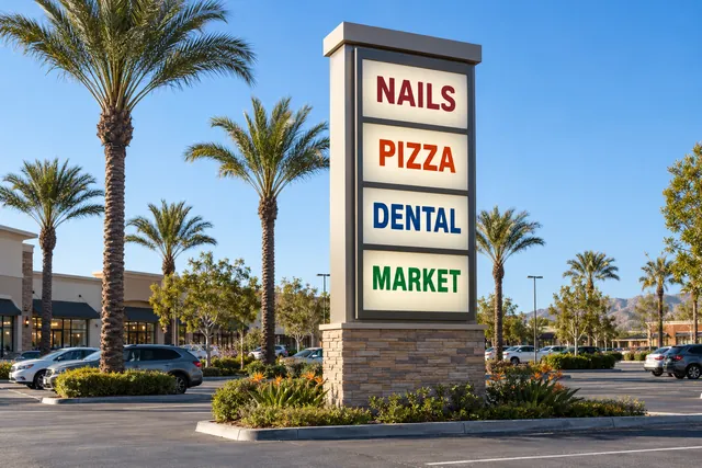 Illustration: multi-tenant pylon sign beside a parking lot
