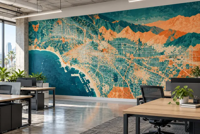 Illustration: printed map mural on an office wall