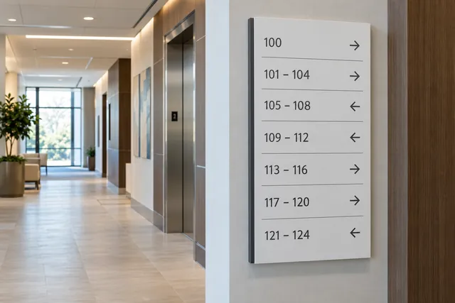 Illustration: suite directory sign with arrows in an office hallway