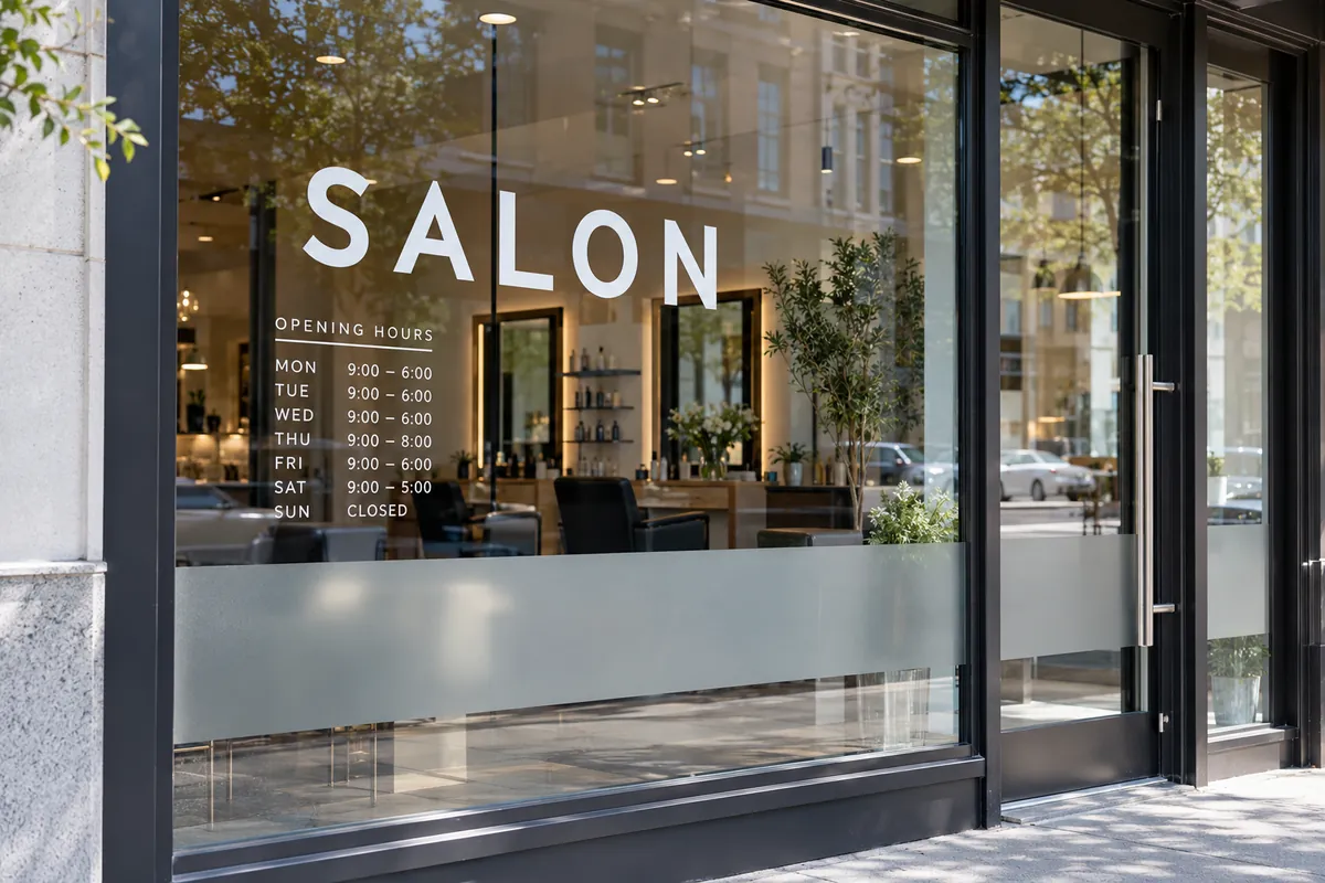Illustration: white vinyl lettering SALON, opening hours and a frosted band on a storefront window