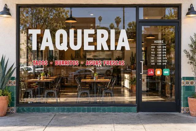 Illustration: white vinyl TAQUERIA lettering, posted hours, delivery-app decals and a red menu line on a taqueria's glass front